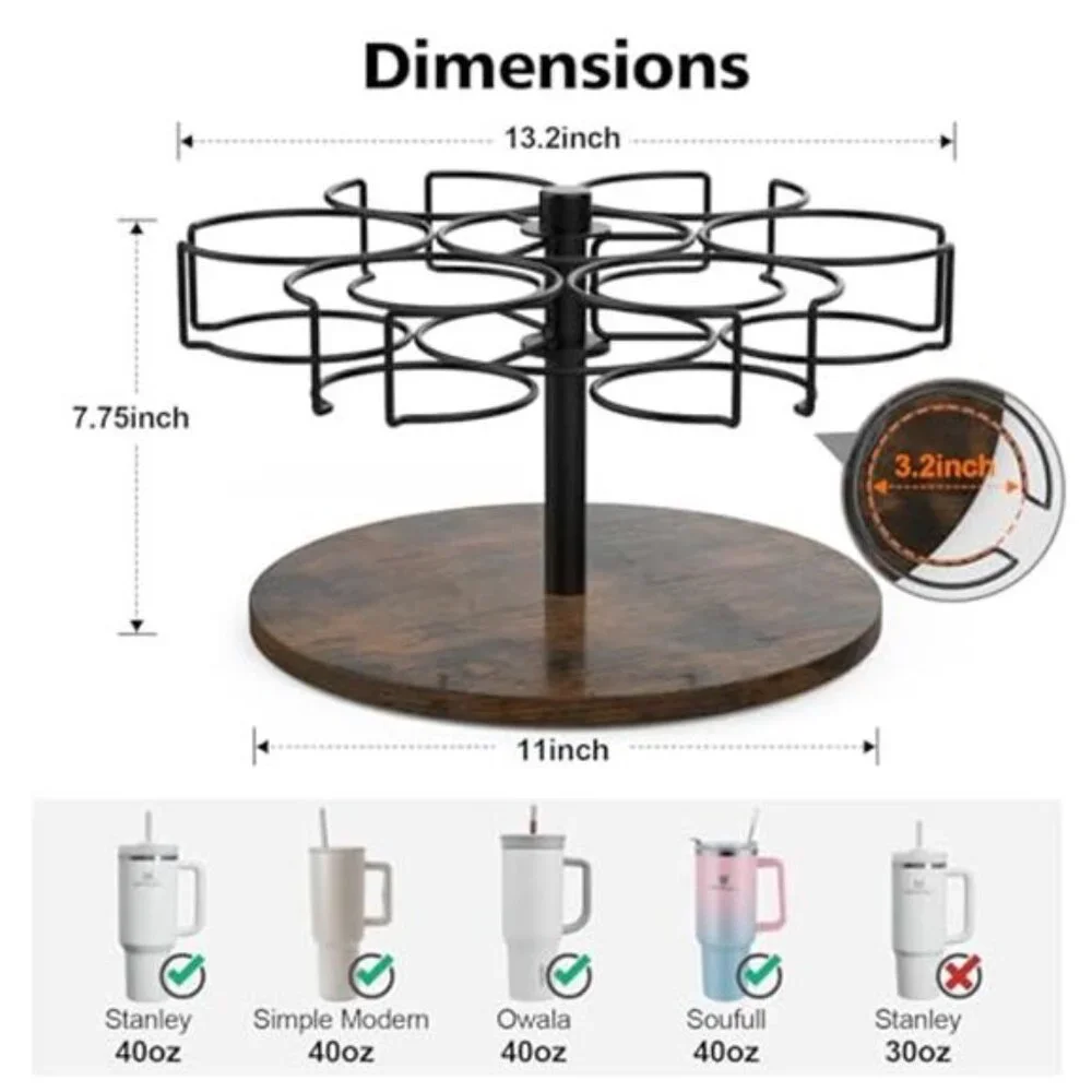 Rotating Tumbler Organizer 6 Cup Holder Stand 40oz Bottle Storage Rack